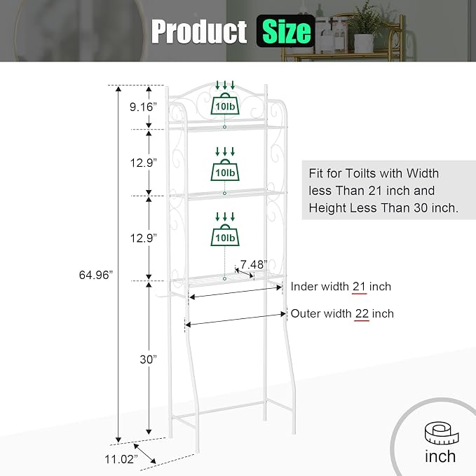 HOME BI Over The Toilet Storage Shelf, 3-Tier Over Toilet Bathroom Organizer Rack, Freestanding Space Saver Toilet Stands with Hooks (White)