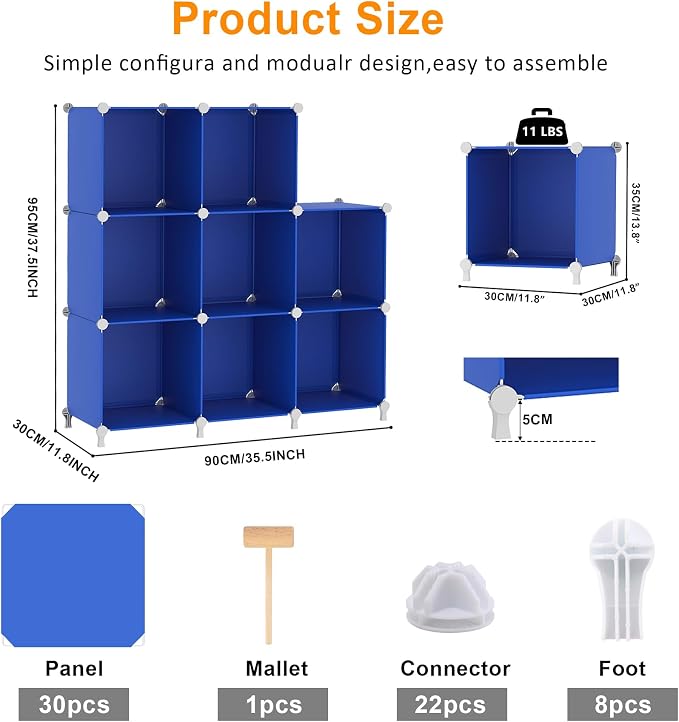 AWTATOS Cube Storage Organizer, 8 Cube Closet Organizers Stackable, Blue | Portable Closet Storage Cube Shelves, DIY Plastic Bookshelf Clothes Organizer Shelving for Bedroom, Home Office