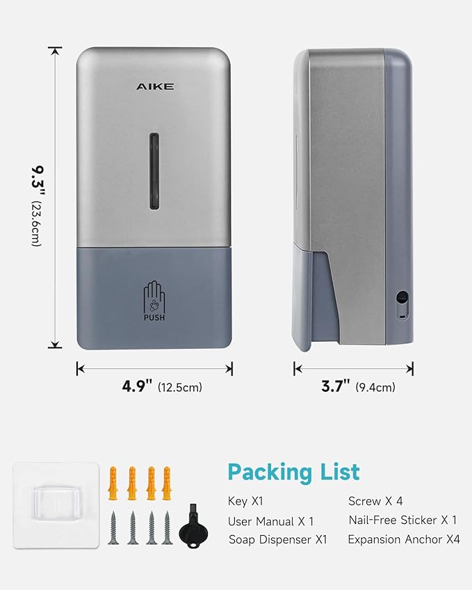 AIKE Foaming Commercial Soap Dispenser,27oz Capacity for Bathroom,Silver | No-Drill and Screw Wall Mount Design for Space-Saving,Large Button and Capacity Dense Foam for Commercial Bathroom,AK1006F