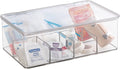 mDesign Plastic First Aid Kit Storage Box with Clear Top Lid for Bathroom, Kitchen, Cabinet, Closet, Drawer - Organizes Medicine, Ointments, Adhesive Bandages, Dental, 8 Divided Sections - Clear