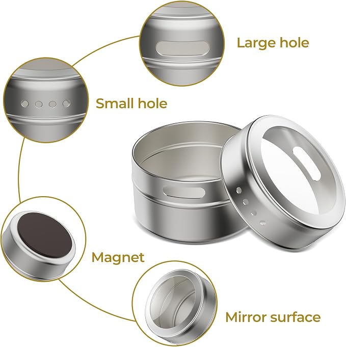 Vetacsion Set of 16 Magnetic Spice Tins with 4 Metal Wall-Plates,100 Preprinted Seasoning Label Stickers,2 Styles for 3 oz Herb Jars