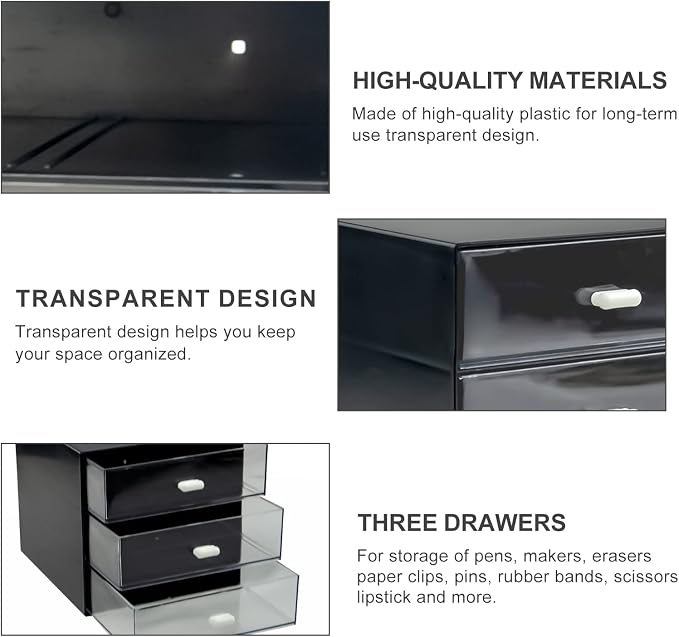 Desk Organizer with Drawer, Desk Storage Box, Plastic Office Stationery Supplies Organizers, Desktop Organizer for Office School Home (3 drawer, Black)