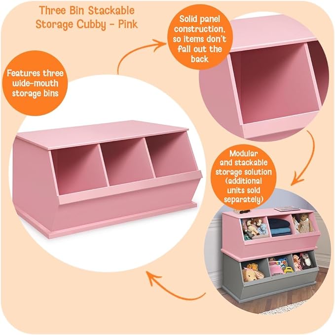 Badger Basket Stackable 3-Bin Storage Cubby - Modular Toy and Craft Organizer with Wide Mouth Bins, Expandable Design, Solid Panel Construction - Compatible with Other Units - Pink
