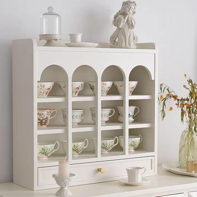 Closet Organizers and Storage 3 Tier Coffee Mug Cabinet Organizer with Drawer Wooden Cupboard Water Cup Storage for Countertop,Holds 12 Mugs-Kitchen Storage Cabinet Convenient,Neat and Beauti