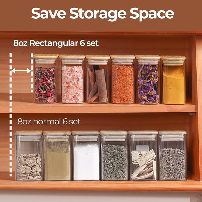 ComSaf Spice Jars 8oz Set of 6, Small Seasoning Containers with 9 Labels | Glass Spice Jars With Labels, Rectangle Small Jar, Spice Rack Organization, Loose Tea, Herbs, Powders, Dry Goods, BPA Free