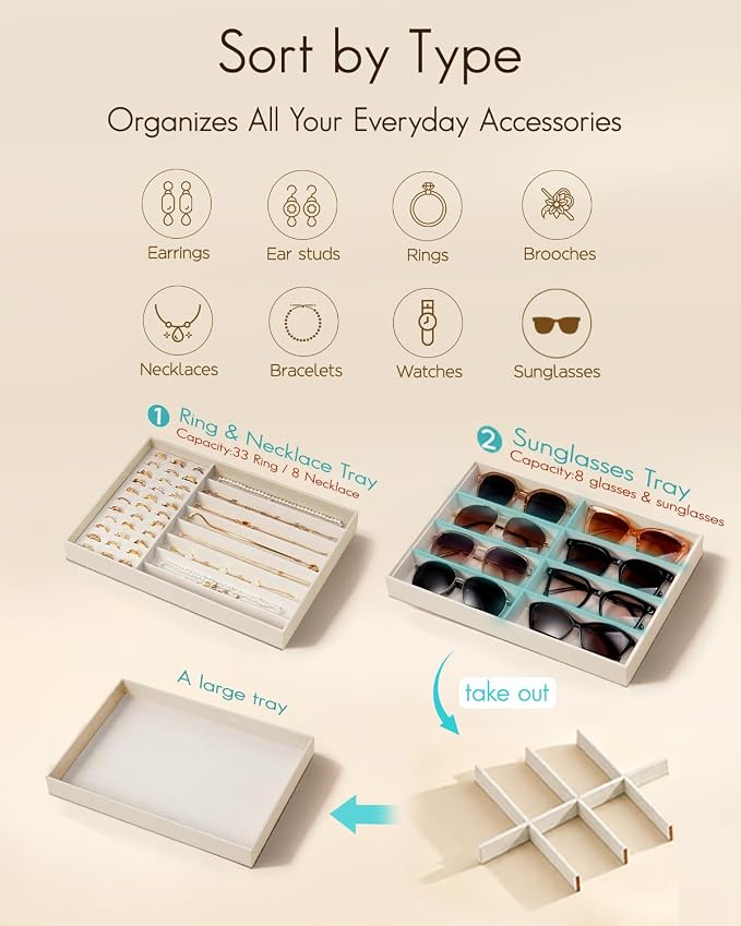 VLANDO Stackable Jewelry Tray, Drawer Organizer for Rings Necklaces,Beige | Ring Slots, Long Sections, Vanity Storage, Keeps Chains, Earrings, Pendants Tidy, Gift for Women Girl
