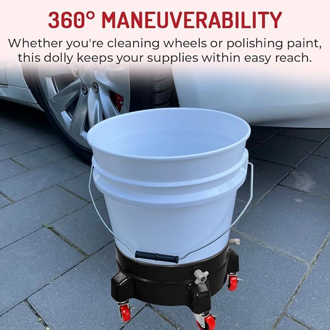 Heavy Duty Car Wash Bucket Dolly with 360° Swivel Casters | Fits 3.5–7 Gallon Buckets | 300 lb Capacity | Soap Holder | Rolling Pail Stand for Auto Detailing |Red