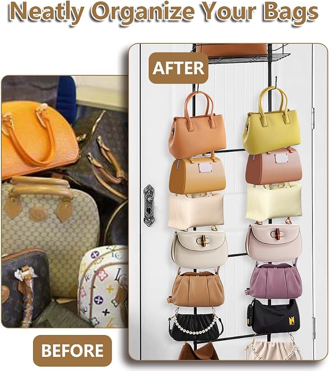 Over The Door Purse Organizer, Hanging Purse Organizer | Wall-Mounted Handbag Storage Rack with 16 Hooks & Metal Basket, Space-Saving 2-in-1 Bag Rack for Door, Closet