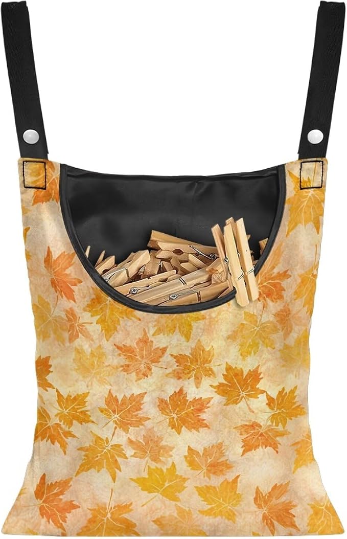 Yellow Maple Leaf Clothespin Storage Hanger Bags Hydrangea Laundry Clothespins Bag, Clothespin Bag with a Large Opening, Hanging Storage Organizer with Hanging Rope for Home Outdoor