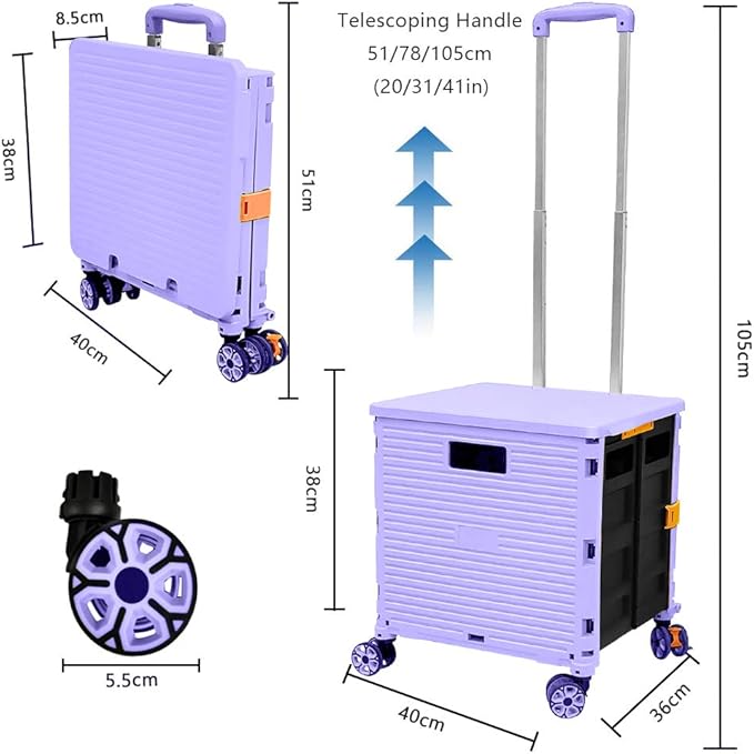FELICON SELORSS Foldable Utility Cart Folding Portable Rolling Crate Handcart with Durable Heavy Duty Plastic Telescoping Handle Collapsible 4 Rotate Wheels for Travel Shop Move Luggage Office(Purple
