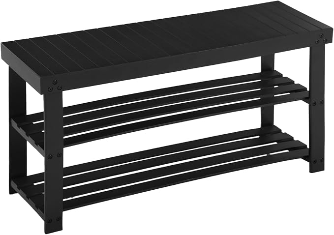 Apicizon Bamboo Shoe Rack for Entryway, 3-Tier Shoe Rack Bench for Front Indoor Entrance, Small Shoe Organizer with Storage, 35.4 Inches, Black