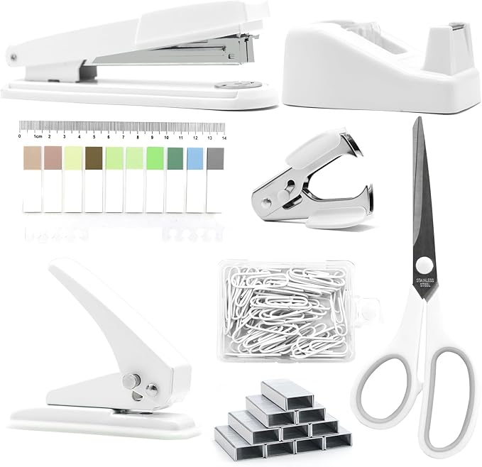 sportsvoutdoors White Desk Accessories, Modern Minimalist Office Supplies Set, Large Stapler, Tape Dispenser, Scissors, Paper Clips, Tabs with Ruler