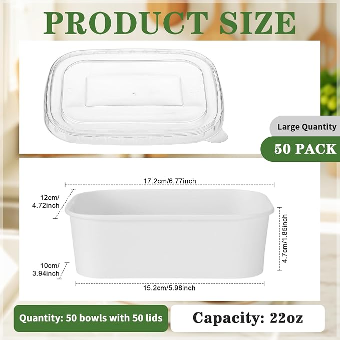 Maxdot 50 Pack 22 oz Disposable Food Containers with Lids Paper Food Containers Bowls for Meal Prep, Salad, Ice Cream, Yogurt, Soup Bowls Party Leftover Box