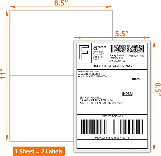 SJPACK Half Page Self Adhesive Shipping Labesl, 8.5" x 5.5" Labels Compatible Laser & Inkjet Printers 2 Label Per Sheet (2000 sheets-4000 Label)