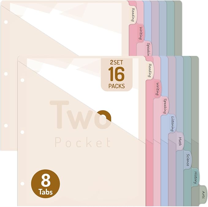 Forvencer 16 Counts Dividers with 2 Pockets, 8 Tabs Binder Dividers for 3 Ring Binder, Binder Dividers with Tabs for School Office Organization, Multicolor, Letter Size, 2 Sets