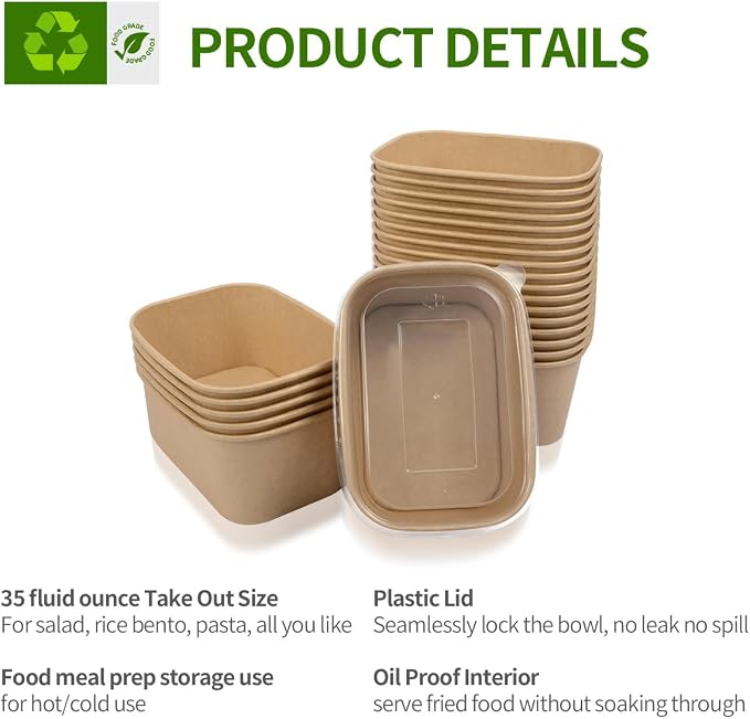 35 oz Paper Meal Prep Containers with Lids 50 Pack Hot and Cold Use | Microwavable Meal Prep Containers Disposable for Food Prep, Freezer Storage and Catering Take Out, 50 Bowls 50 Lids