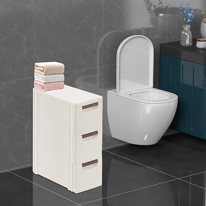PERFERATE Narrow Plastic Storage Cabinet with 3Drawers Slim Storage Drawers with Wheels Tall Chest Organizer Cabinet Vertical for Small Spaces, Bedroom, Living Room, Office (3 Drawers)