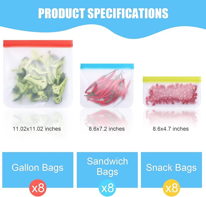 Food Storage Freezer Bags- 24 Pack Leakproof (8 Reusable Gallon Bags + 8 Reusable Sandwich Bags + 8 Reusable Snack Bags) for Meat Fruits and Vegetables.