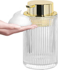 Foaming Soap Dispenser, Bathroom Clear Glass Foam Soap Dispenser, Refillable 12 Oz Foam Pump Bottle Container with Gold Pump, Decorative Slim Ribbed Dish Soap Dispenser for Kitchen