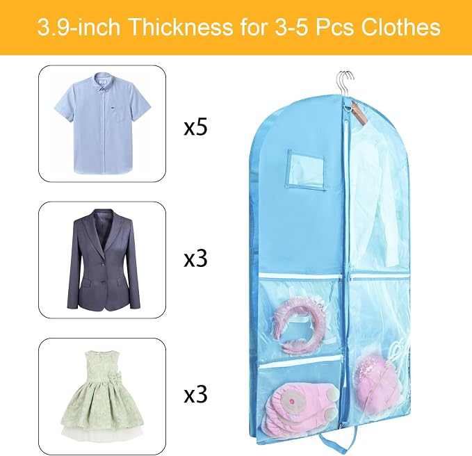 Clear Dance Costume Garment Bag for Dancers,40 inch Kids Garment Bag for Dance Competitions with 5 Clear Zipper Pockets for Dance Costumes,Garment Bags for Hanging Clothes Travel Storage (Blue)