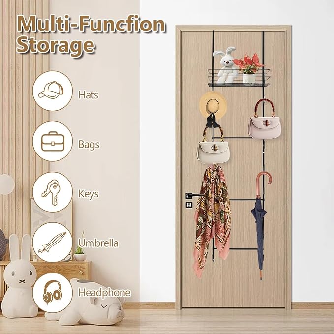 Over The Door Purse Organizer, Hanging Purse Organizer | Wall-Mounted Handbag Storage Rack with 16 Hooks & Metal Basket, Space-Saving 2-in-1 Bag Rack for Door, Closet