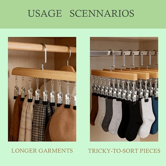 Closet Organizer with 10 Clips, 2026 New Wooden Pants Hangers with 10 Clips Multi-use Hanging Leggings Storage Organizer, Space-Saving Hanger for Skirts Scarves Hats Socks (1Pcs Retro Color)