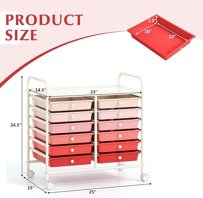 LDAILY 12 Drawer Rolling Storage Cart, Craft Cart Organizer on Wheels w/Metal Frame, Large Capacity & Smooth Drawer, Rolling Cart w/Drawers for Classroom, Office