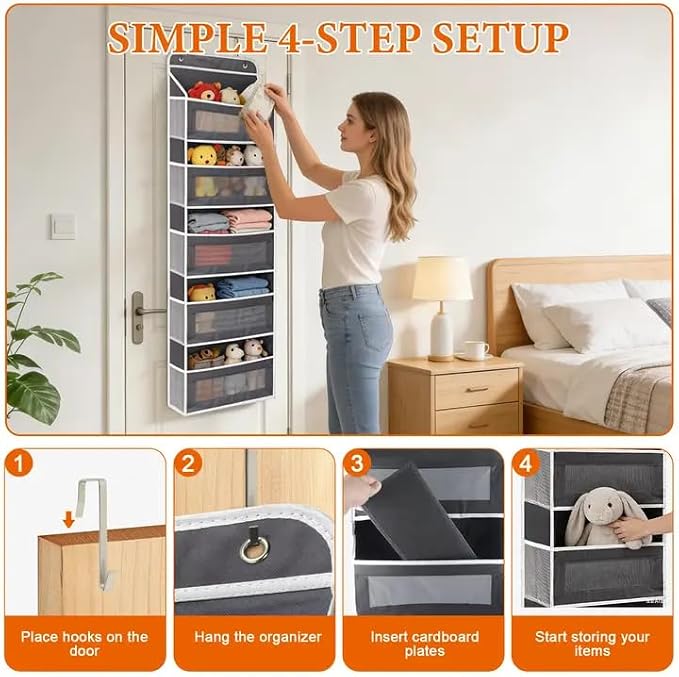 Over the Door Organizer 5-Tier, Heavy Duty Behind Door Storage, Anti-Tilt Capacity, Door Hanging Organizer with Clear Window for Closet, Bathroom, Nursery, Bedroom, Pantry, Shoe Diaper (Dark Gray)