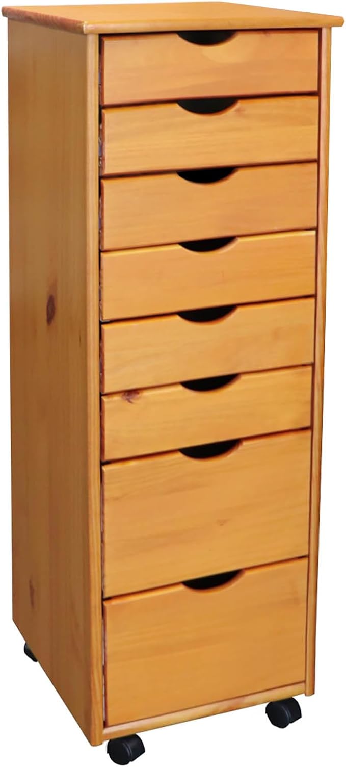 Jela-USA Solid Pine Wood 8 Drawer Rolling Cart, Honey Pine