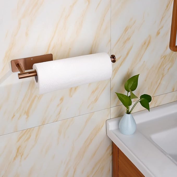 Paper Towel Holder-Under Cabinet Wall Mounted Magnetic Paper Kitchen Towel Holder SUS304 Stainless Steel 13inch Rose Gold Paper Towel Holder for Bathroom Vanity Storage Organzier