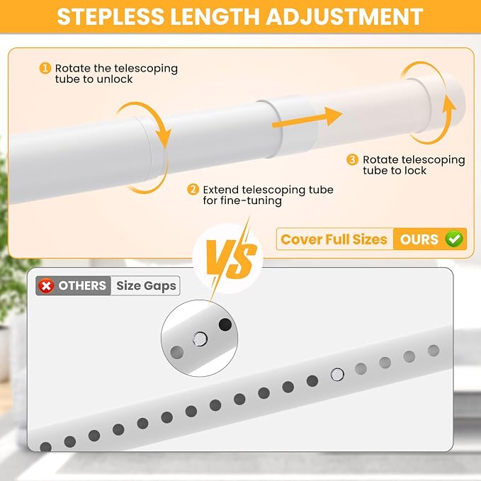 Closet Rods for Hanging Clothes, 17-39 Inch No-Cut Stepless Adjustable Closet Rod, 1.3 Inch Heavy Duty Metal Closet Hanging Rod with Brackets, White Closet Bar for Closet, Laundry Room, RV, Wardrobes