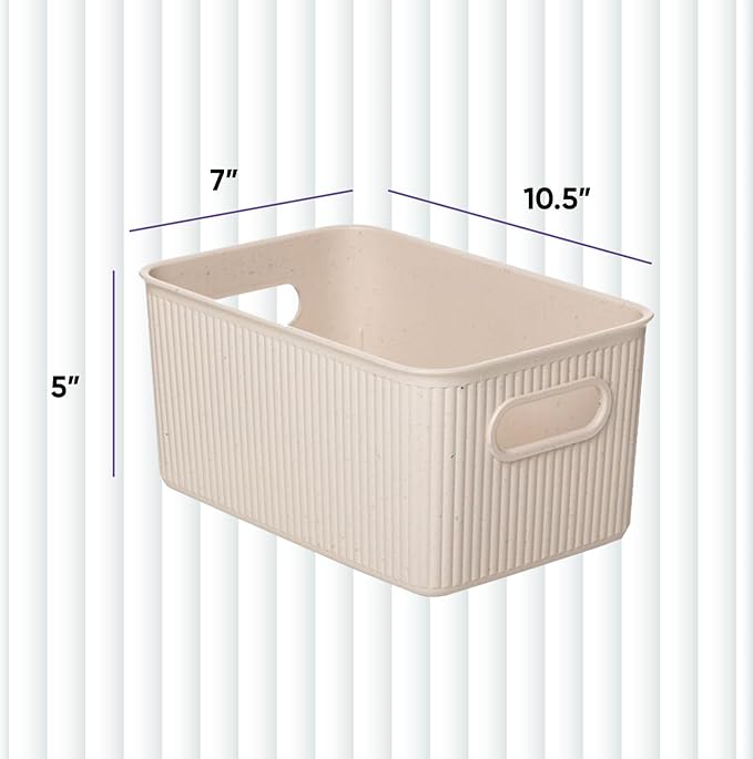 Superio Ribbed Collection - Decorative Plastic Basket Open Home Storage Bins Organizer, Eco (Parent) Container Boxes for Organizing Closet Storage Bins for Shelves (Bin - Medium (5 Liter)- 6 Pack)