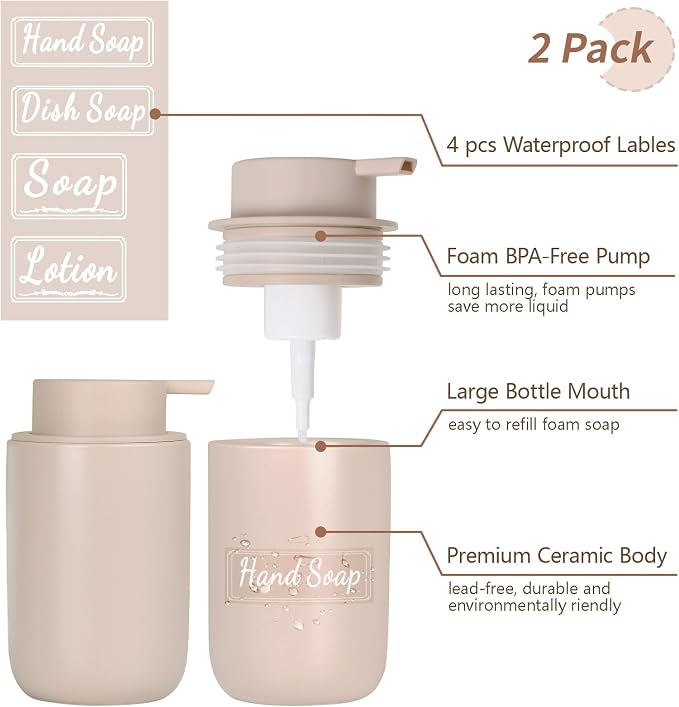 BosilunLife Foaming Soap Dispenser Set - Khaki Ceramic Foam Hand Dispenser 12oz Soap Dispenser Set with Rust Proof Pump, 4Pcs Clear Stickers for Kitchen, Bathroom - 2 Pack
