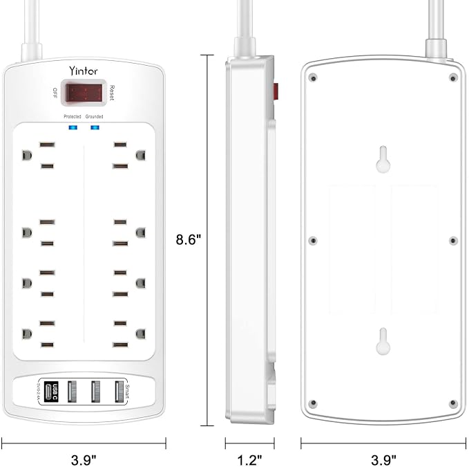 Surge Protector Power Strip, Yintar 6 Feet Flat Plug Extension Cord with 8 AC Outlets and 4 USB Ports, 2700 Joules, ETL Listed, White