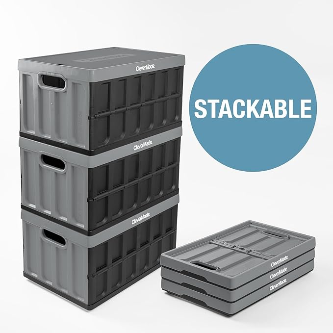 CleverMade Collapsible Storage Bins with Lids (46L, 3 Pack) – Stackable Foldable Plastic Storage Crates for Home, Closet & Trunk Organization - Ocean