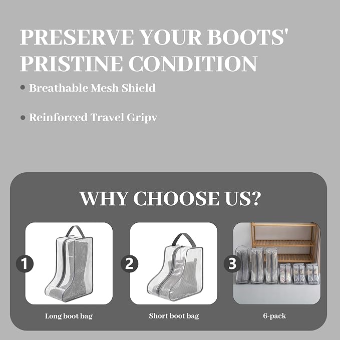 6Pack Boot Bags for Cowboy Boots, Boot Storage Organizer for Tall Boots, Cowboy Boot Storage with Clear Bag, Cowboy Boot Bag & Boot Storage Bag for Travel, Suitable for travel and Daily Use (Gray)