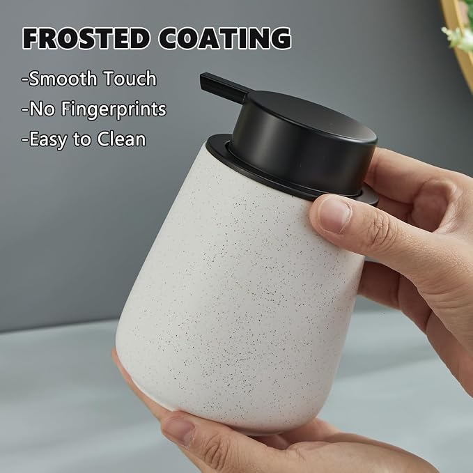 12Oz Foaming Soap Dispenser - Ceramic Foam Hand Soap Dispenser with Easy-to-Press Black Pump, Reusable and Refillable Lotion Dish Soap Dispensers for Bathroom & Kitchen, Speckled Matte White