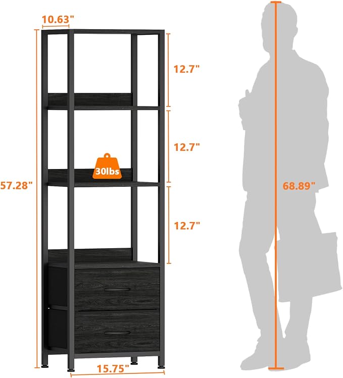 Furnulem 4-Tier Corner Shelf, Bookshelf with 2 Storage Drawers, 57.28”Tall Narrow Bookcase, Standing Shelf Organizer Unit for Living Room, Bedroom, Metal Frame, Wood Display Shelf | 57.28”Tall Bookcase for Bedroom,Living Room,Display Cabinet with Metal...