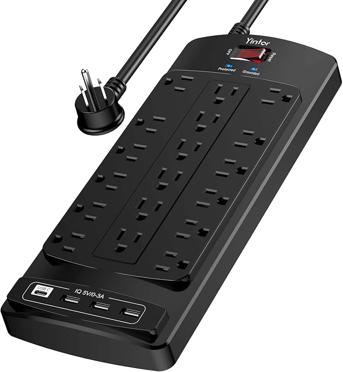 Surge Protector Power Strip, Yintar 6 Feet Flat Plug Heavy Duty Extension Cord with 18 Widely Outlets and 4 USB Ports, 2100 Joules, ETL Listed, Black