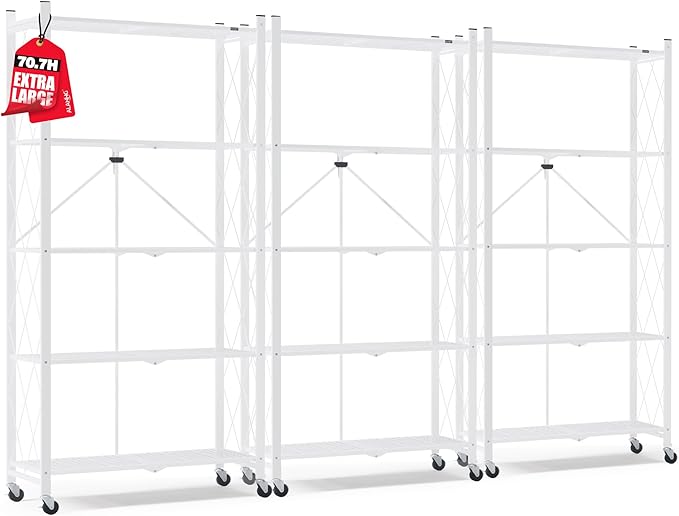 ALANNG 70.7" H Metal Storage Shelves, 5 Tier Folding Shelf on Wheels | Heavy Duty, No Assembly, Rolling, Collapsible Rack Unit for Kitchen, Basement, Pantry (White,3 Pack)