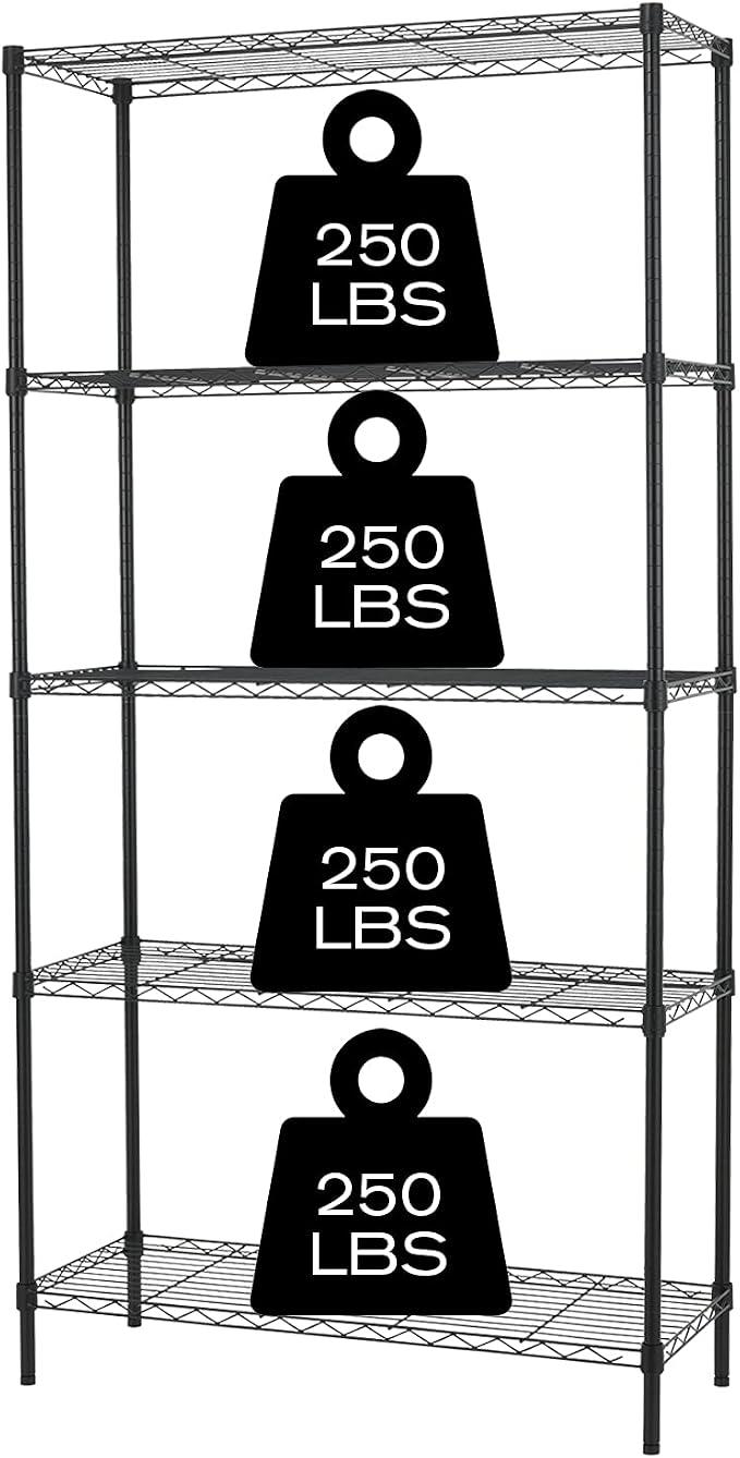 HCY 5-Tier Storage Shelf Heavy Duty Shelving Unit NSF Height Adjustable Metal Storage Rack for Laundry Bathroom Kitchen Garage Pantry Organization - 14inx36inx72in (Black)