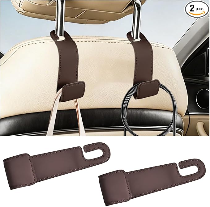 Osilly 2PCS Car Seat Headrest Hook, Leather Stylish Vehicle Backseat Hanger Organizer for Purse Handbag Umbrella, Automotive Seat Back Hanging Storage Holder Hook, Universal for Vehicles (Brown)