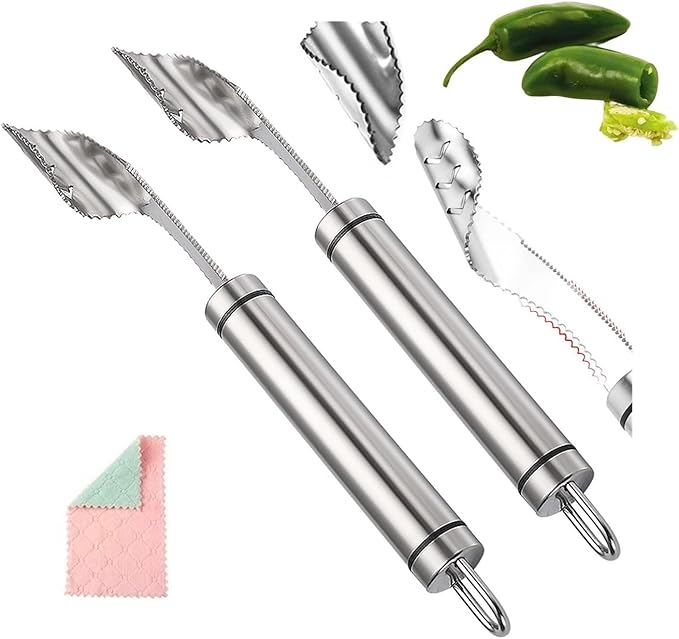 Pepper Seed Corer Remover with Cleaning Cloth, 304 Stainless Steel Fruit Seed Remover with Serrated Teeth, Jalapeno Pepper Corer Tool Chili Deseeder, Essential Kitchen Gadgets (2pcs)