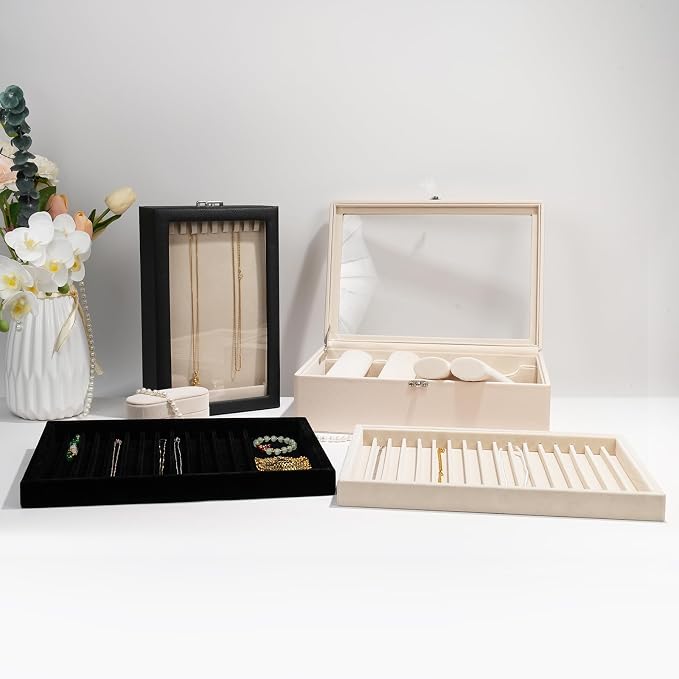 2 Sets Large Jewelry Trays with Drawer Insert Velvet Jewelry Organizer Tray for Women, Jewelry Display Trays with 16 Grids