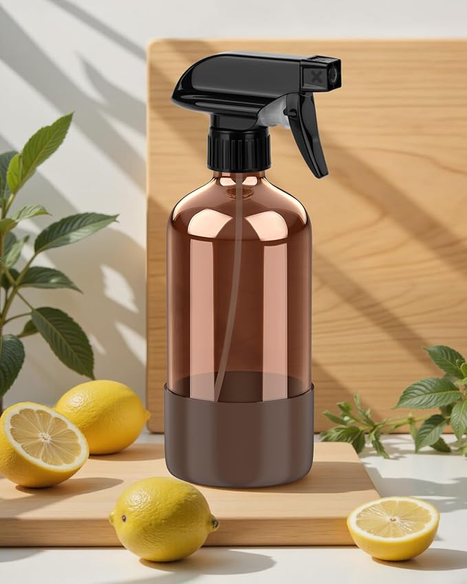 Bontip Amber Glass Spray Bottle with Silicone Sleeve Protection, 16 oz Refillable Spray Bottles for Cleaning Solutions, Plants, Aromatherapy, Facial Hydration (3, Brown, 16 oz)