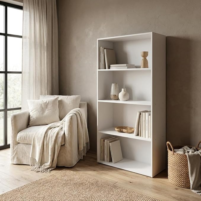 Furnifact White Bookcase with Sturdy Wood Construction, Spacious Shelving, Contemporary Style for Home Office Living Room Storage