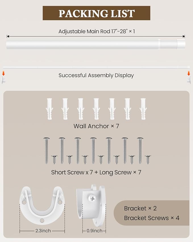 Closet Rod, 17-28 IN Closet Rods for Hanging Clothes, White | Stepless Adjustable, Supports up to 66 lbs, Multiple Size Options, Easy Installation, Multi Purpose, Wall-Mounted