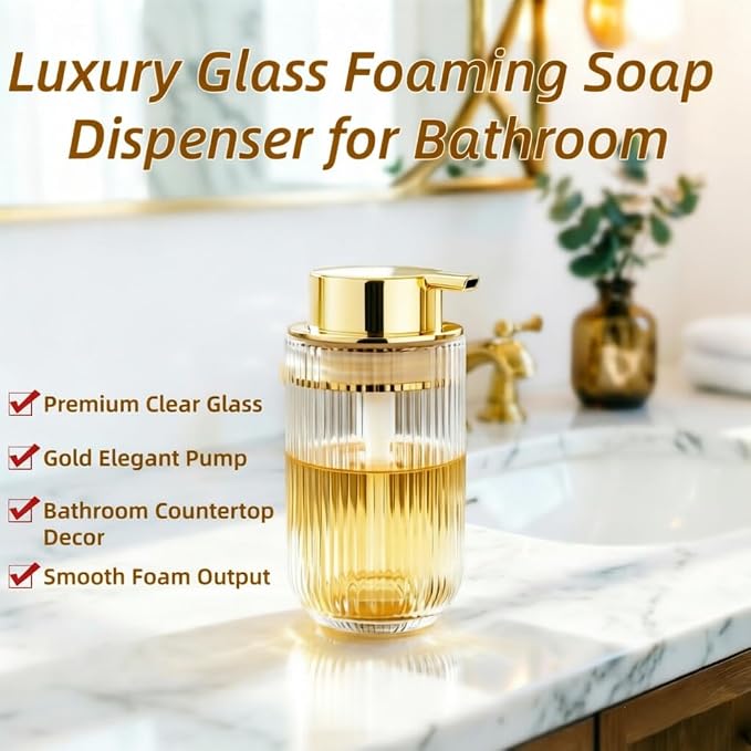 Glass Foaming Soap Dispenser Refillable Foaming Hand Soap Dispenser with Gold Large Pump Wide Opening for Bathroom Kitchen Countertop Modern Home Decor with Elegant Pattern - Clear,415ml
