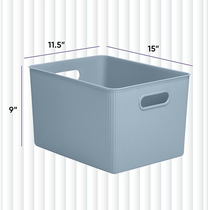 Superio Ribbed Collection - Decorative Plastic Basket Open Home Storage Bins Organizer, X-Large Blue (2 Pack) Container Boxes for Organizing Closet Storage Bins for Shelves 22 Liter/23 Quart