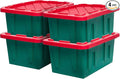 HOMZ 4-Pack Durabilt Tote, Heavy Duty Plastic Storage Bins with Lids, 15 Gallon, Green/Red - Stackable Organizing Containers for Home, Garage, and Office